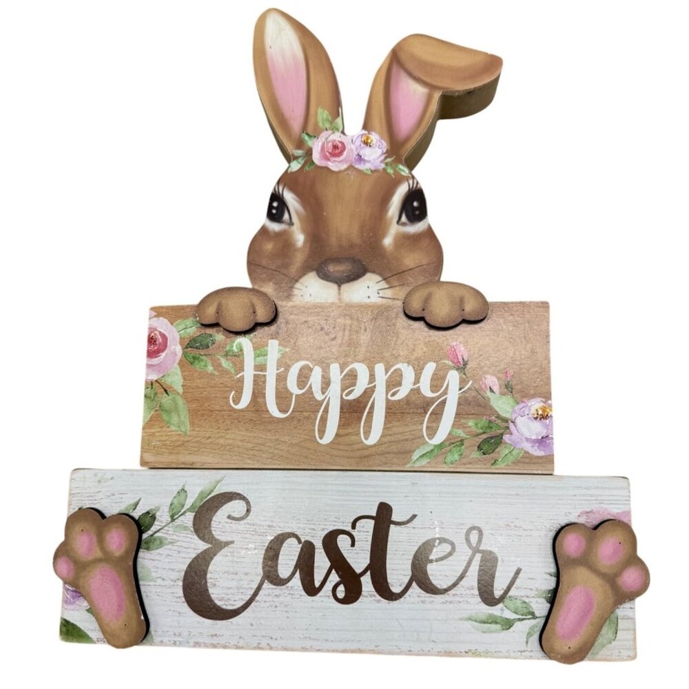 Harmonie Gifts & Co. Wooden Easter Bunny Decor With "Happy Easter" Message READ